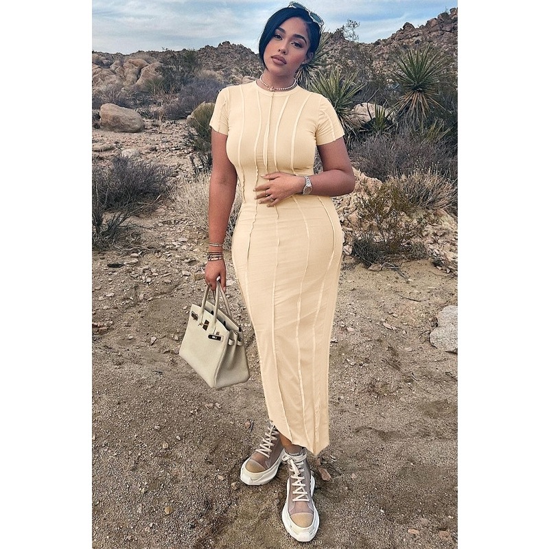 Mid Length Slim Fit Hip One Step Short Sleeve Dress Apricot Beige - Shop at LoveMi