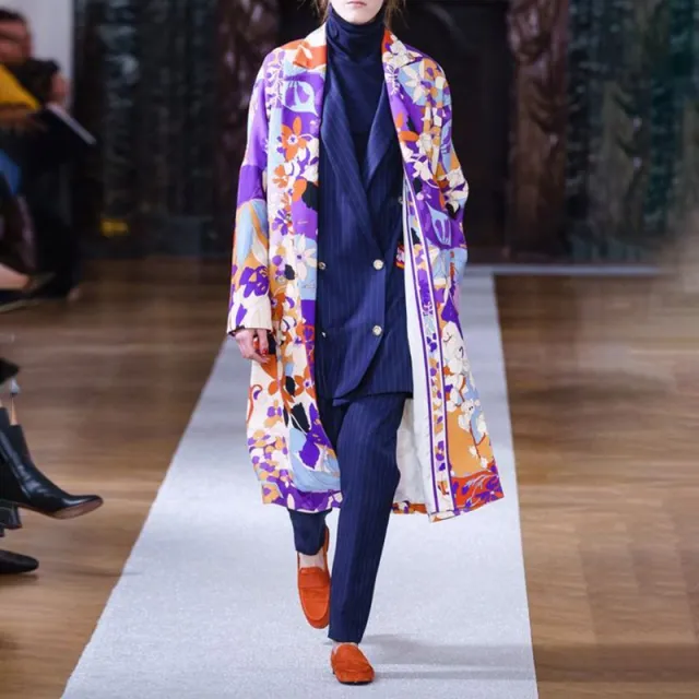 Women's Fashionable Retro Print Long Trench Coat Purple - Shop at LoveMi
