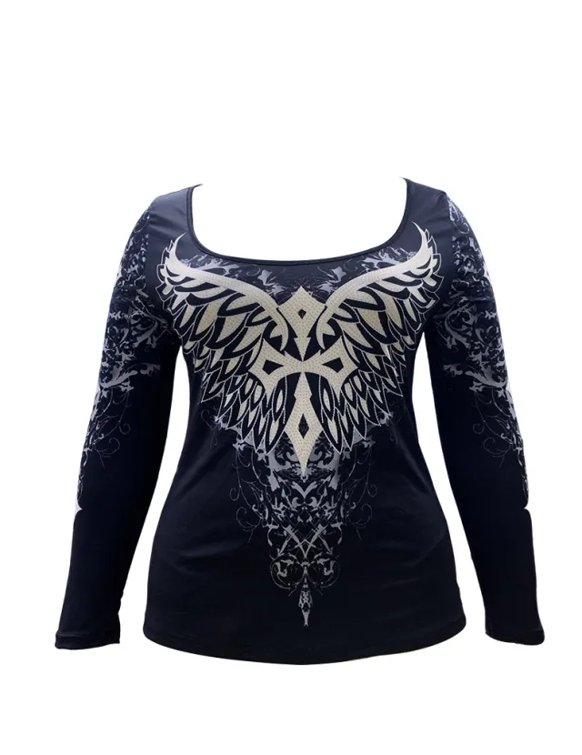 Women's Fashionable Temperament Flying Wings Printing Long Sleeve Square neck Top Black - Shop at LoveMi