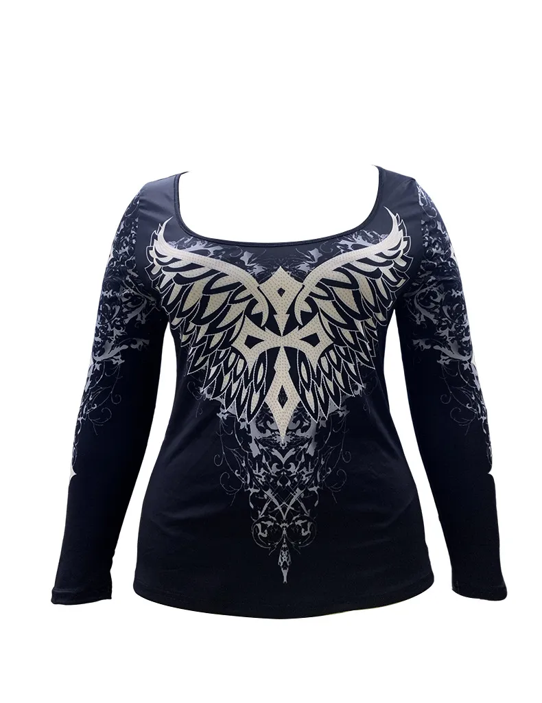 Women's Fashionable Temperament Flying Wings Printing Long Sleeve Square-neck Top - Black