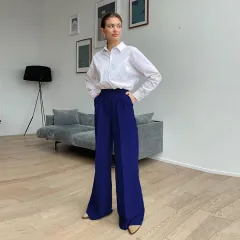 High Waist Loose Klein Blue Casual Trousers Drape Wide Legs - Dark Blue - View 1