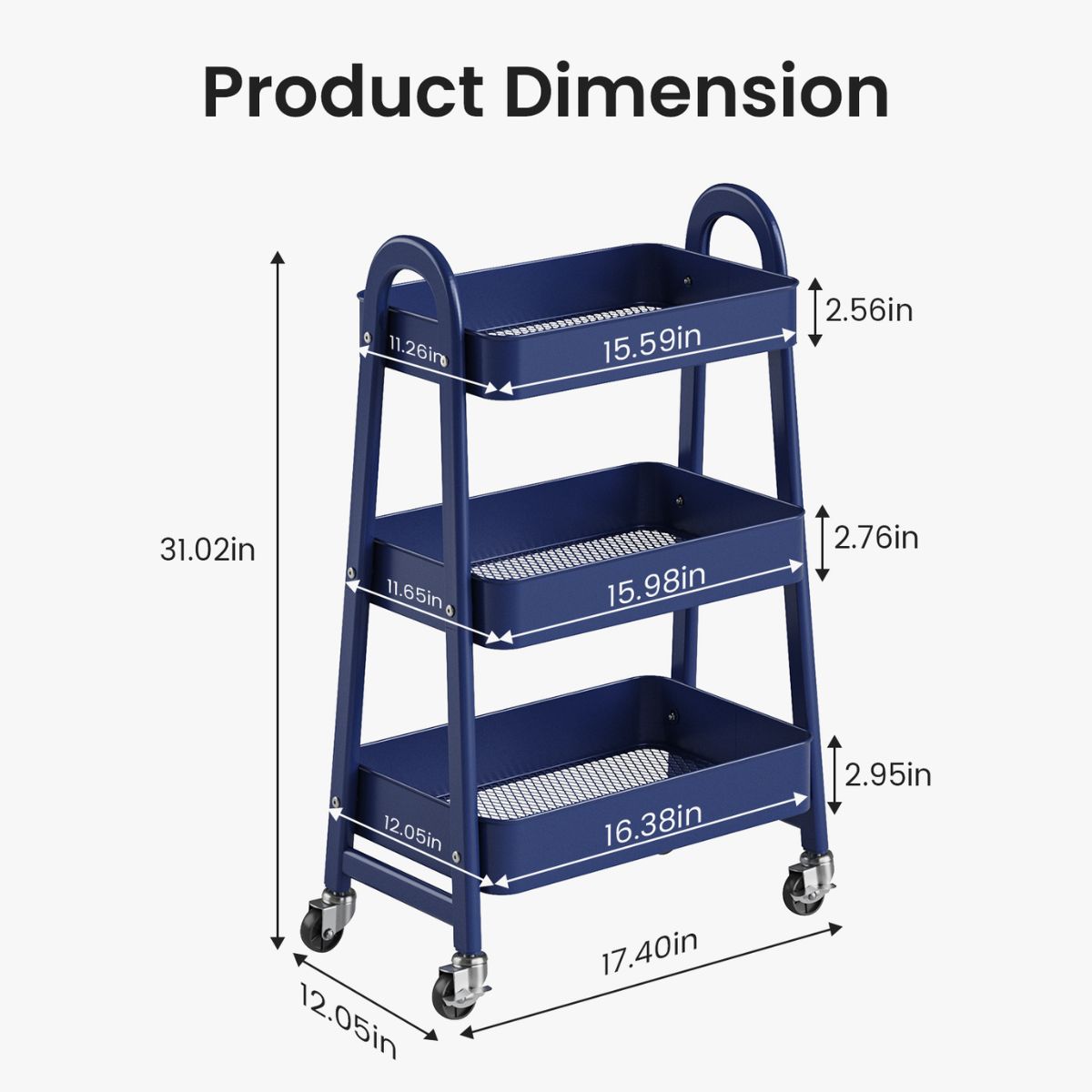 3-Tier Rolling Cart, Metal Utility Storage Cart, Lockable Wheels, For Living Room, Bathroom, Kitchen And Narrow Spaces