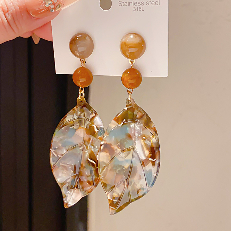 Silver Needle Maillard Vintage Acetate Geometric Leaf Earrings For Women Bold Autumn Winter Niche
