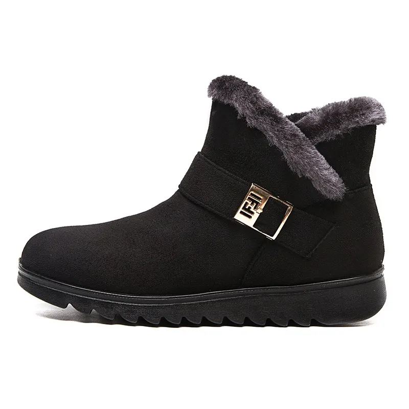 Winter Boots Women Warm Plush Snow Boots Zipper Comfort Flats Shoes - Black