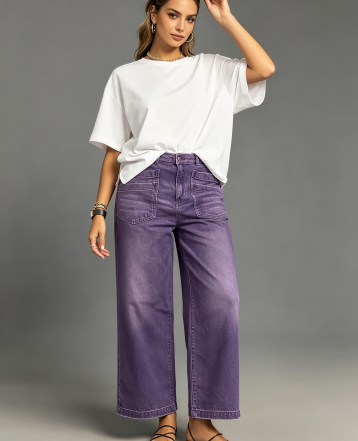 Purple Washed Jeans Women Plus Size High Waist Wide Leg Colored Denim Pants Front Pocket US Warehouse Stock