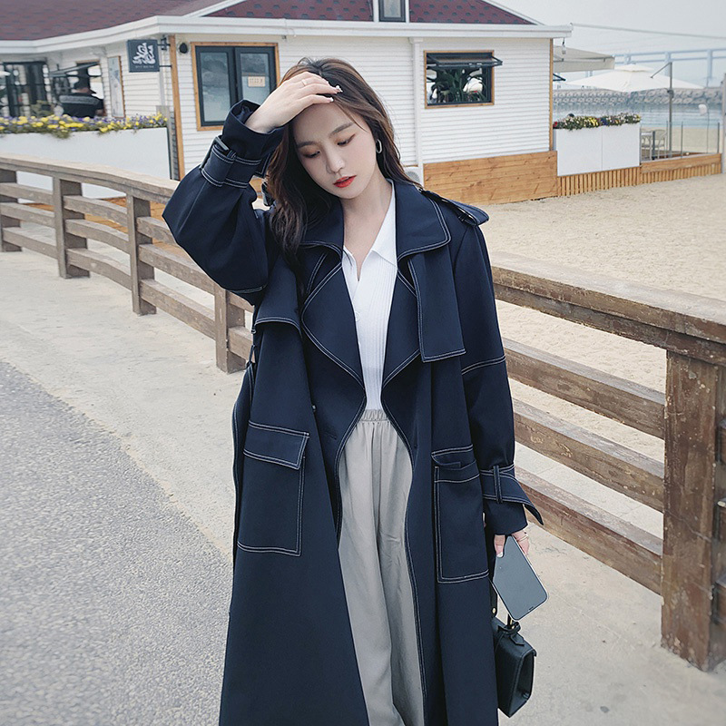 Mid length British Coat Fried Street Windbreaker Jacket Navy - Shop at LoveMi