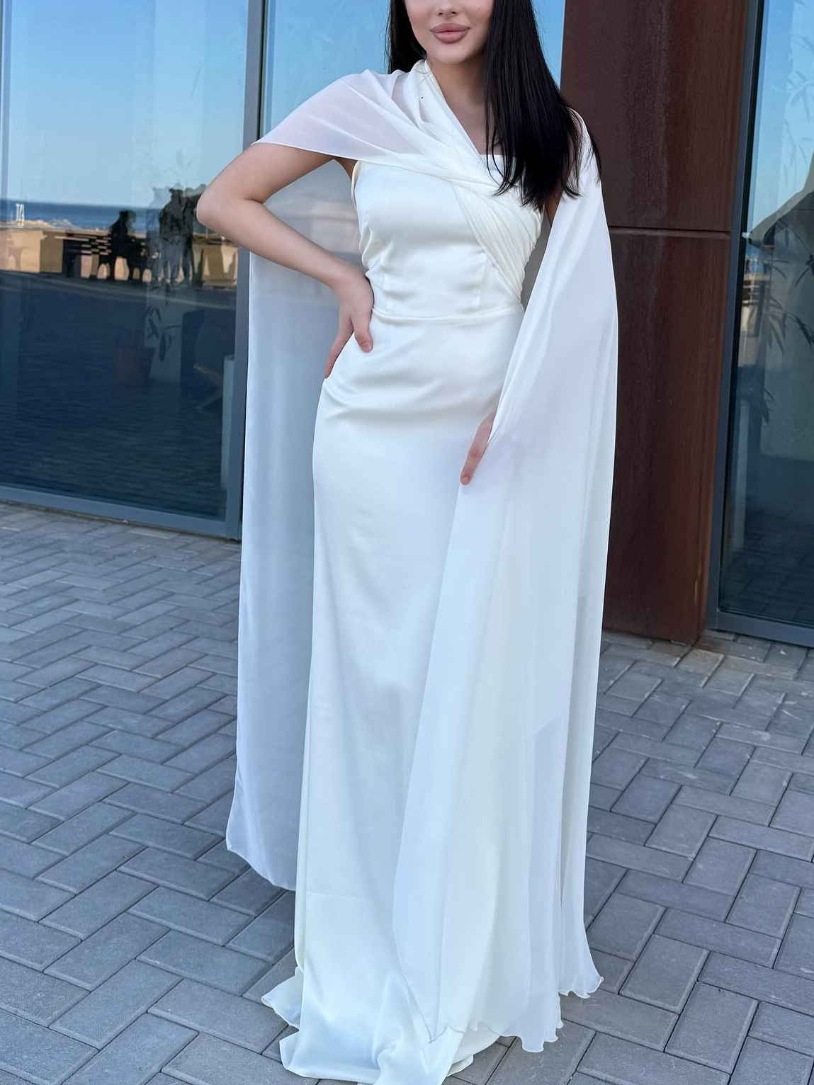 White Satin One Shoulder Maxi Dress With Flowing Chiffon Cape White - Shop at LoveMi