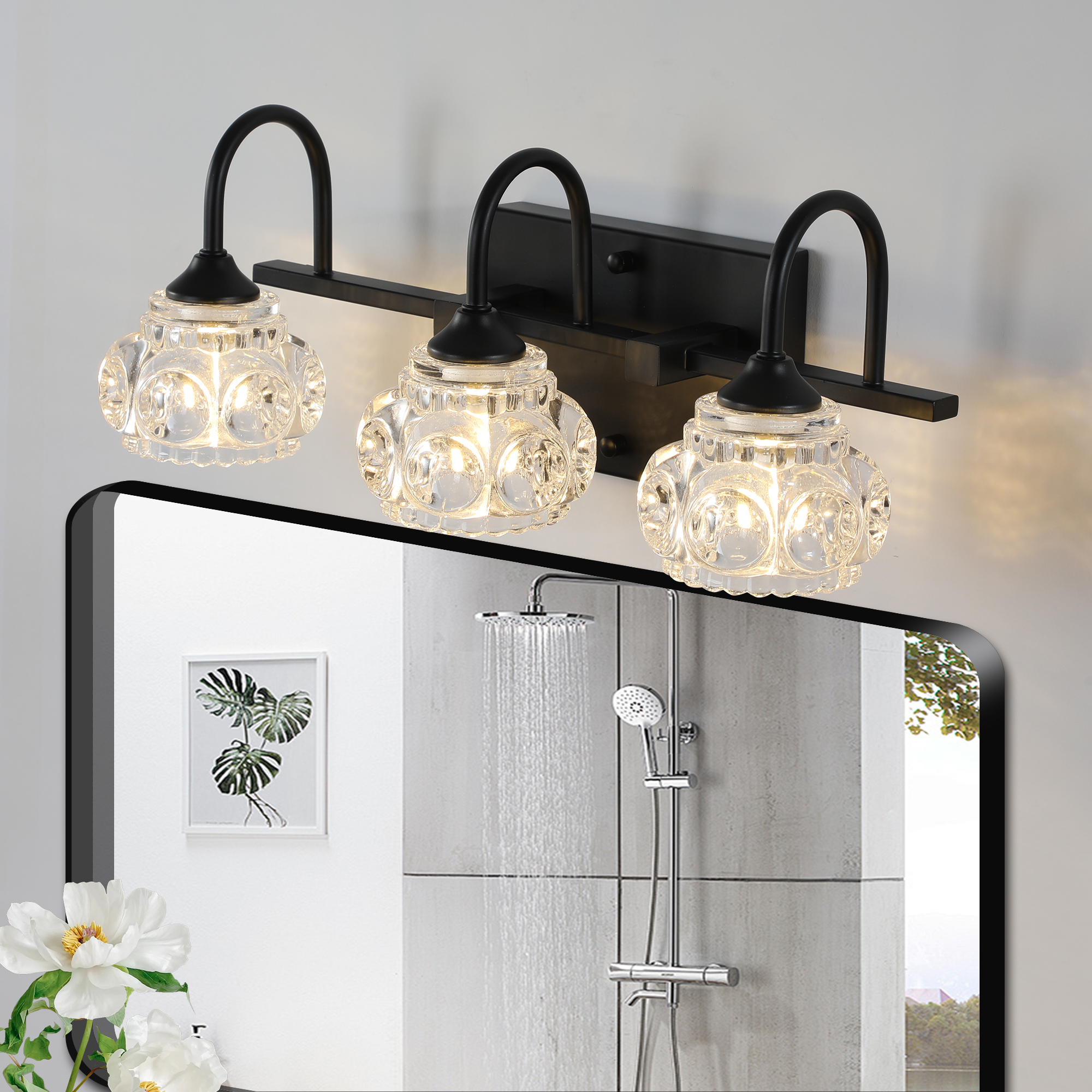 17 Retro 3-Light Bathroom Vanity Light Fixture - Black Finish With Crystal Glass Shades, Wall Mounted Lighting For Bathroom, Powder Room, And Vanity Mirror  No Bulbs