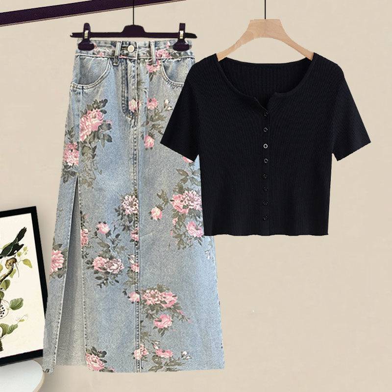 Women's Short Sleeve Top Slim Denim Skirt