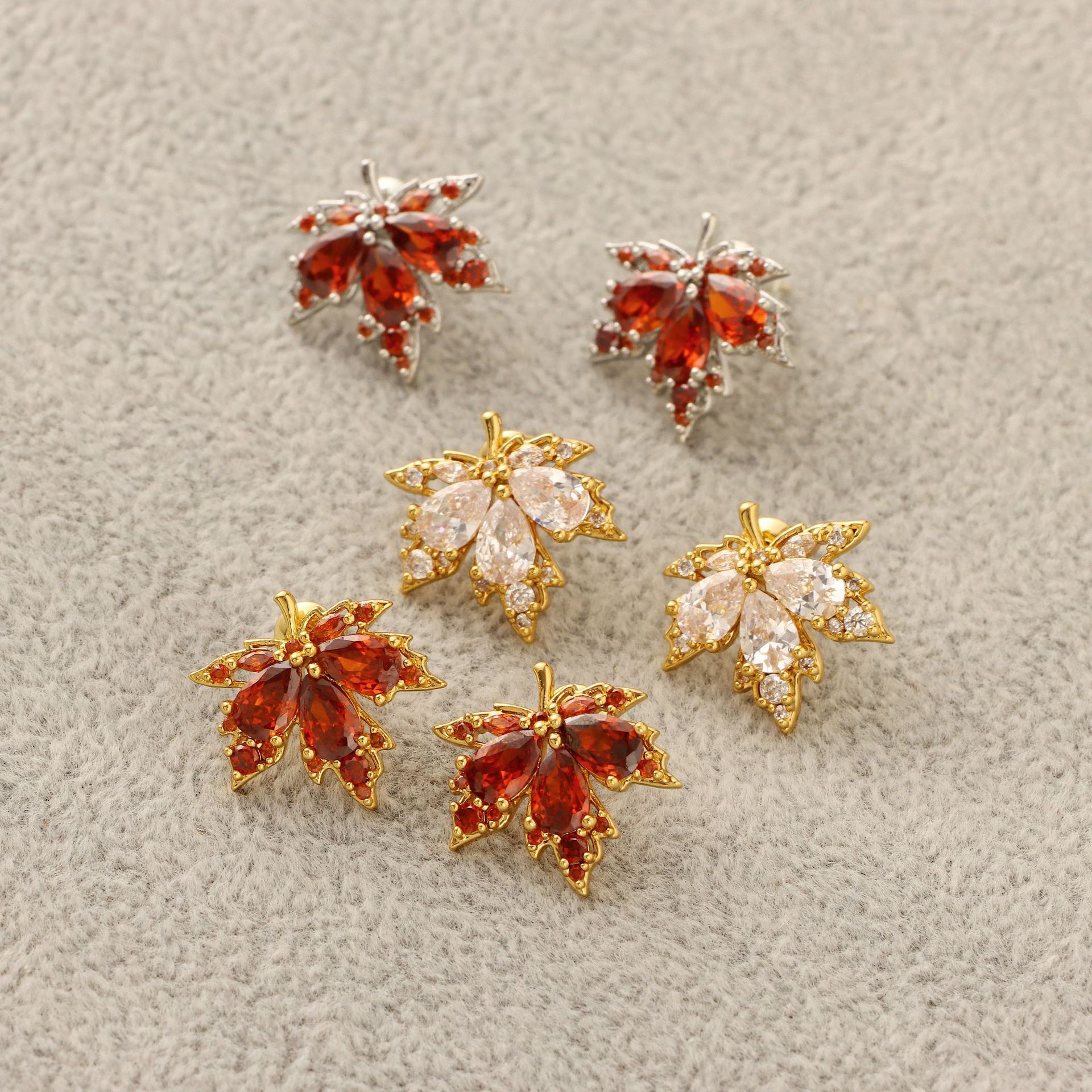 Personality Red Diamond Fashion Leaf Stud Earrings
