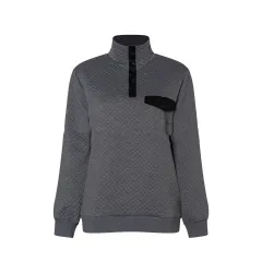 High-neck Button Long-sleeved Sandwich Cotton Blouse Sweater - Charcoal - View 1