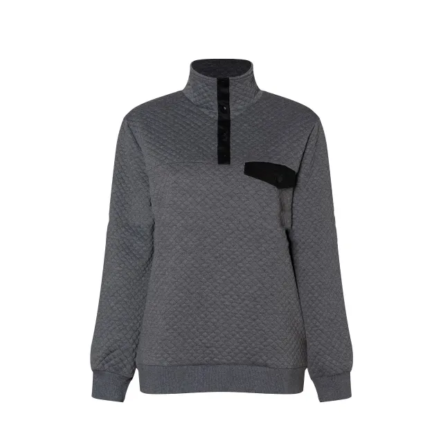 High neck Button Long sleeved Sandwich Cotton Blouse Sweater Charcoal - Shop at LoveMi