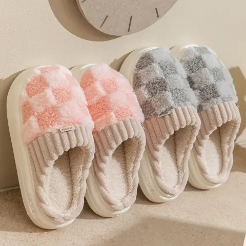 Plaid Plush Slippers Women's Indoor Home Soft Sole Thick