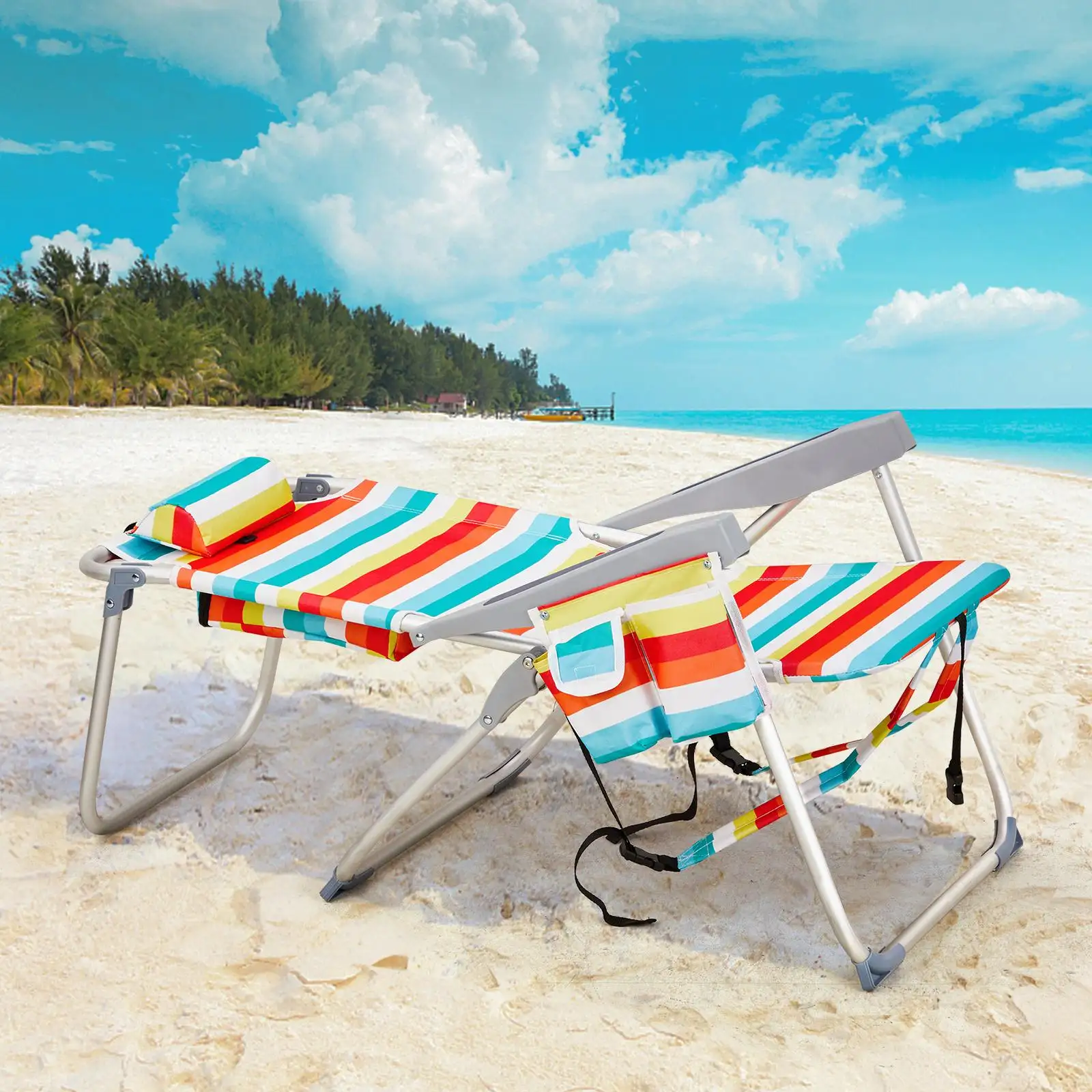 Adjustable Rainbow-Striped Backpack Beach Chair Portable Folding