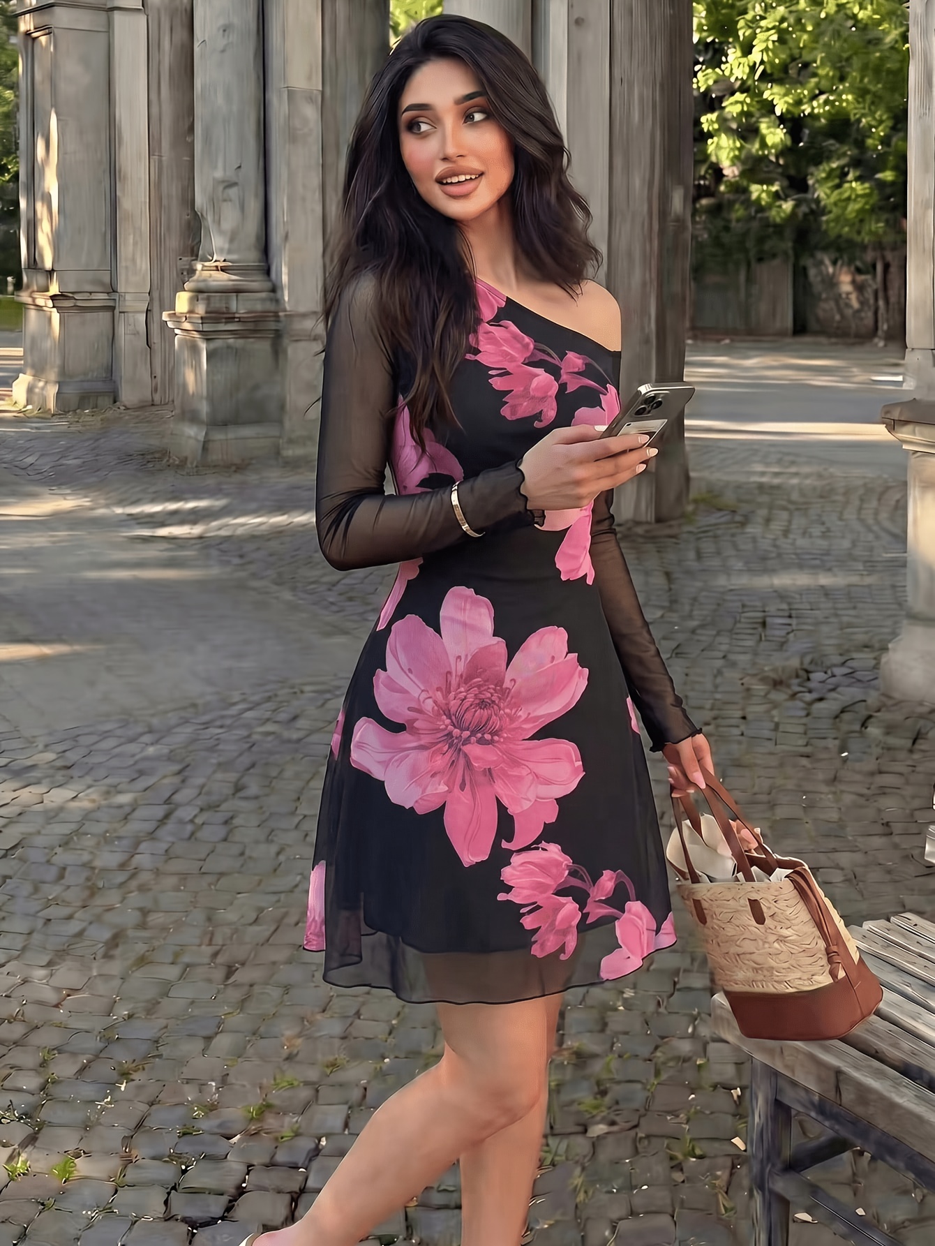 Romantic Floral Asymmetrical Off-Shoulder Dress