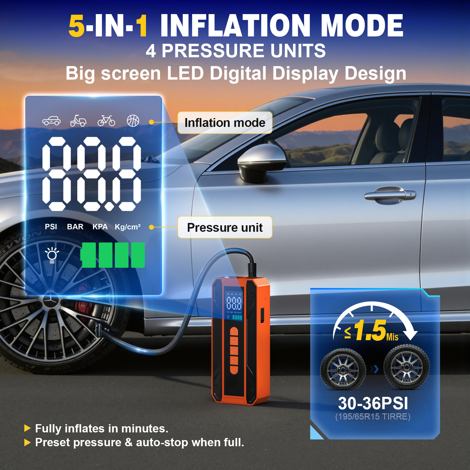 Air Pump Car Jumper Starter Portable Battery Pack With 150PSI Tire Inflator, 12V Jumper Box For Car Charger Battery Booster With LCD Display, 3-Mode Emergency Flashlight thumbnail 7