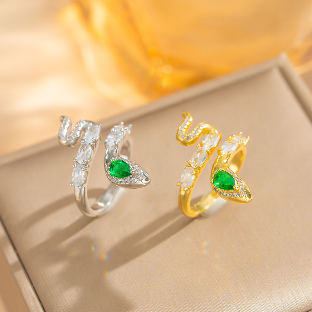 New Chinese Style Zircon Emerald Small Snake Opening Ring