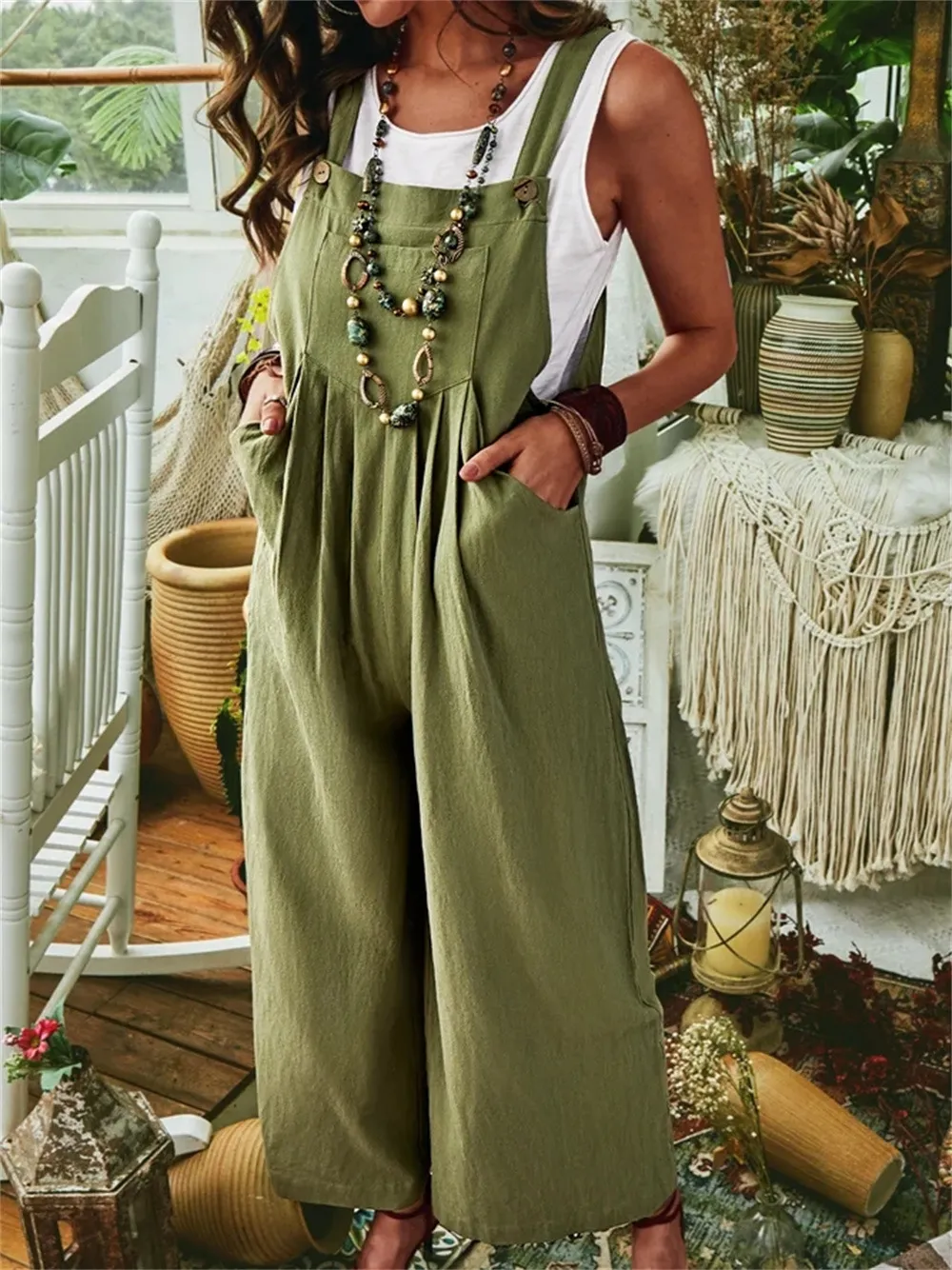 Women's Cotton Linen Pocket Casual Wide Leg Side Button Jumpsuit - Army Green