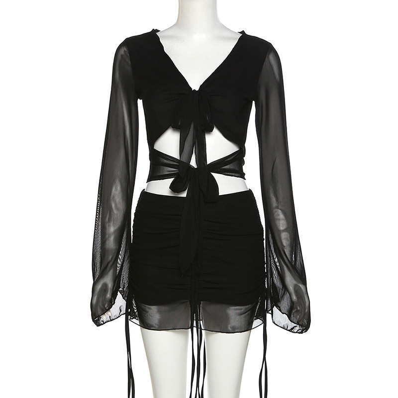 Women's Slim Fit Short Long Sleeve Top Waist Wrap Hip Half Skirt Set