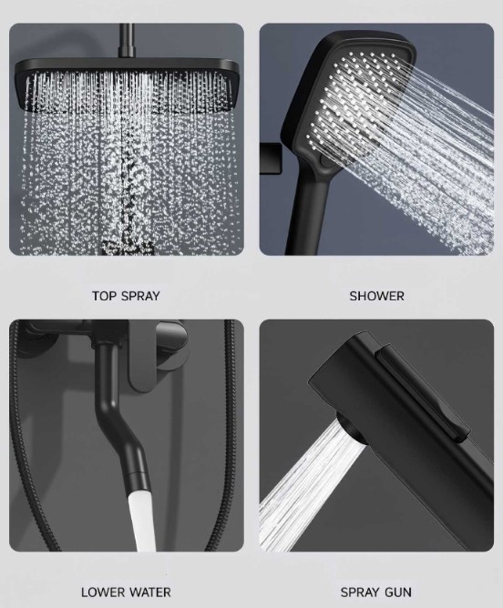 4-Way Diverter Black Bathroom Shower Mixer Twin Head Large Square Bar Set — image 10