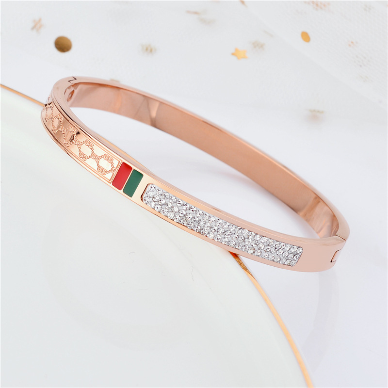 Rose Gold Plated Titanium Steel Bracelet With Red And Green Diamonds