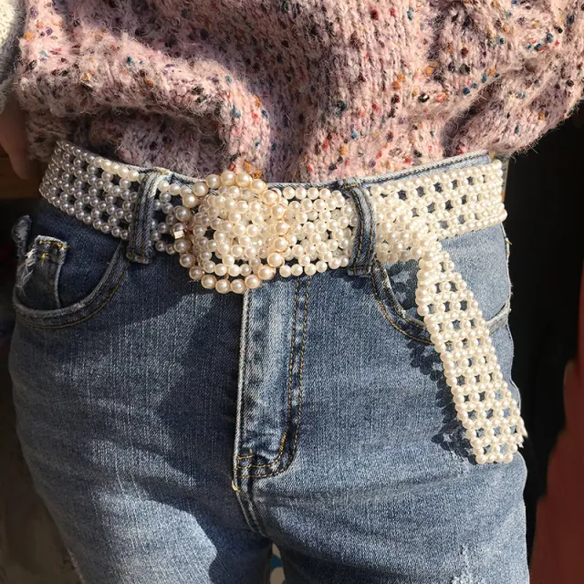 Net Red Handmade Beaded Pearl Ladies Belt Decoration Wild Skirt Diamond Braided Belt Red - Shop at LoveMi