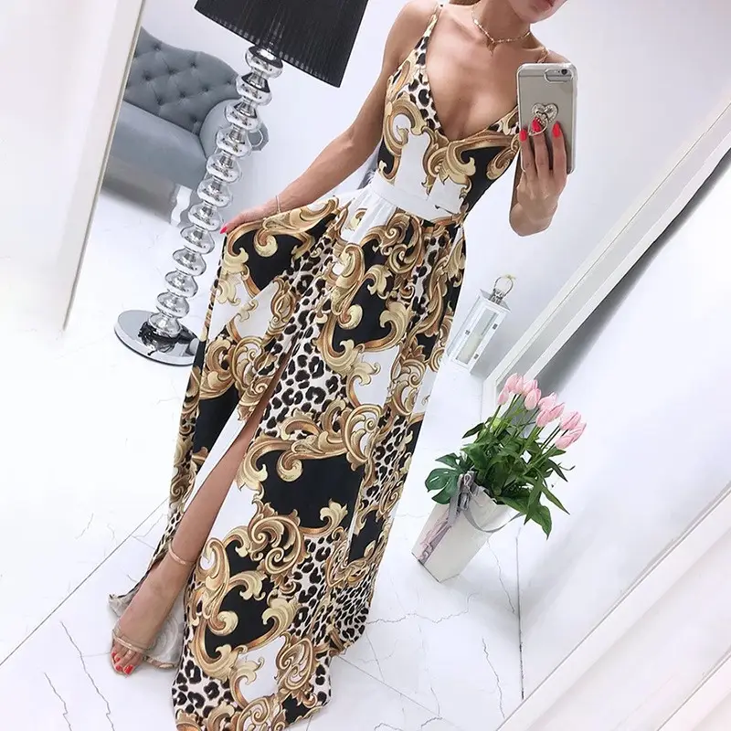 Women's Summer New Style Printed Sexy Mopping Deep V Dress