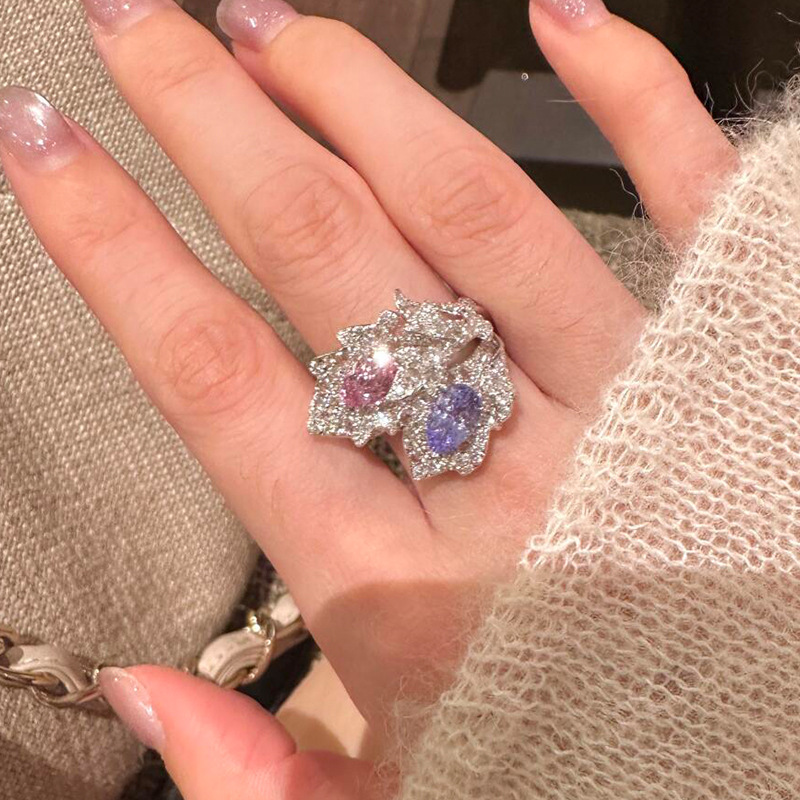 Super Sparkling Full Diamond Feather Ring For Women, Adjustable Open Index Finger Ring, Ins Trendy Niche Exaggerated Band