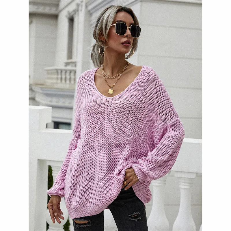 Women's Fashion Casual Solid Color Pullover V-neck Sweater - Rose