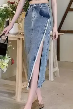 Retro High Waist Split Denim Skirt Women's Mid-length A-line Hip Skirt - Blue - View 1