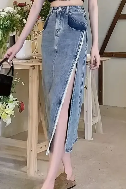 Retro High Waist Split Denim Skirt Women's Mid length A line Hip Skirt Blue - Shop at LoveMi