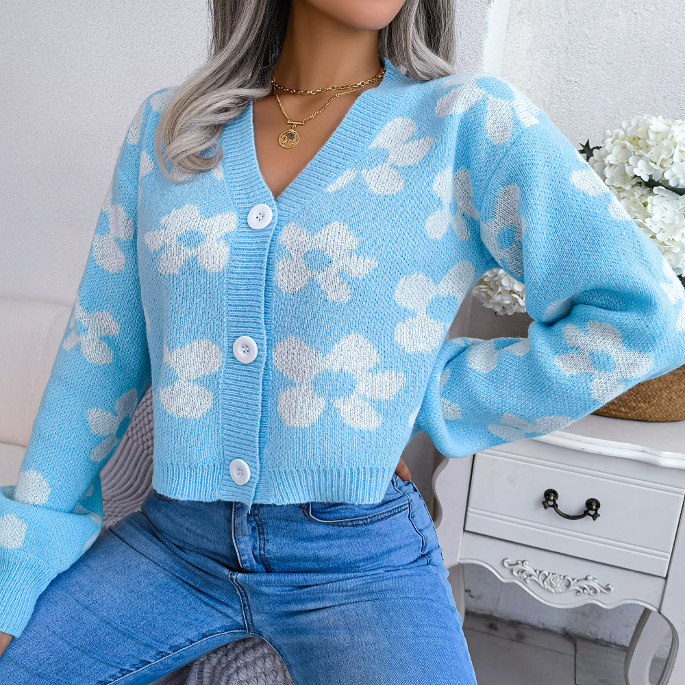 Fashionable Clashing Floral Lantern Sleeve Cardigan Jumper Jacket Blue - Shop at LoveMi
