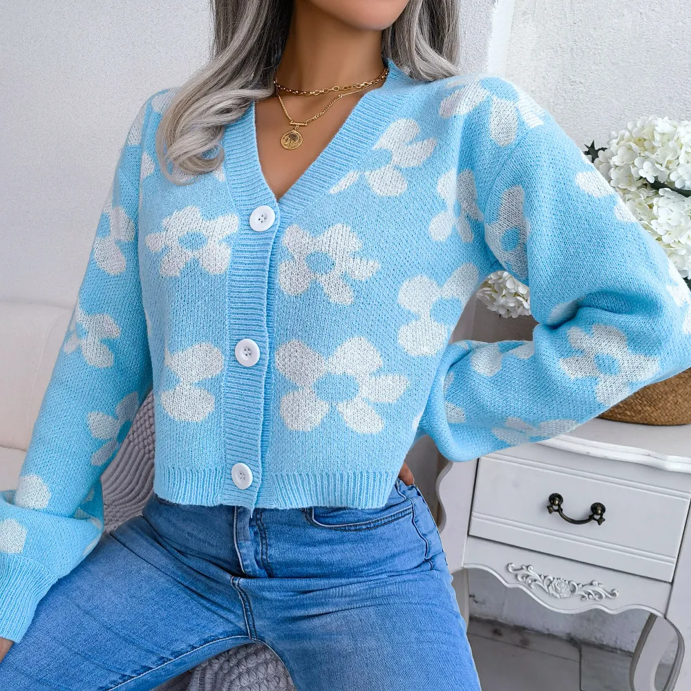 Fashionable Clashing Floral Lantern Sleeve Cardigan Jumper Jacket - Blue