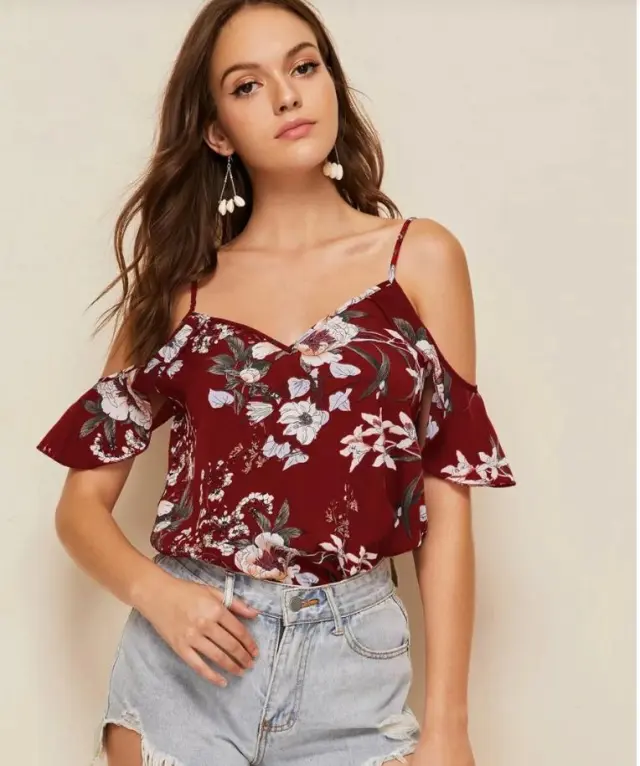 Women's Strapless Halter Chiffon Print Tank Top Loose With Sleeves Blouse Small Shirt Wine - Shop at LoveMi