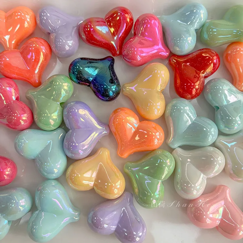 Iridescent Puffy Heart Acrylic Beads, AB Color