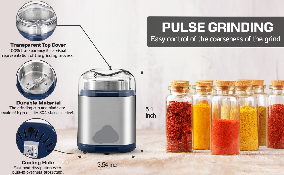 Electric Herb Grinder Fast Grinding Compact Silver TTU Electric Grinder for Herb, Spice, Pollen and Coffee Fast Grinding for Flower Buds, Dry Spices, and Herbs Compact Size (Silver) HIGH-EFFICIENCY GRINDING - Powered by a robust 200W motor running at spee