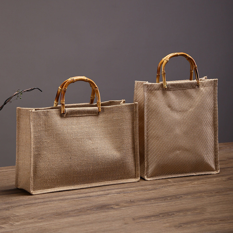 Ladies Bamboo Handle Cotton Linen Tote Bag (White-Vertical
