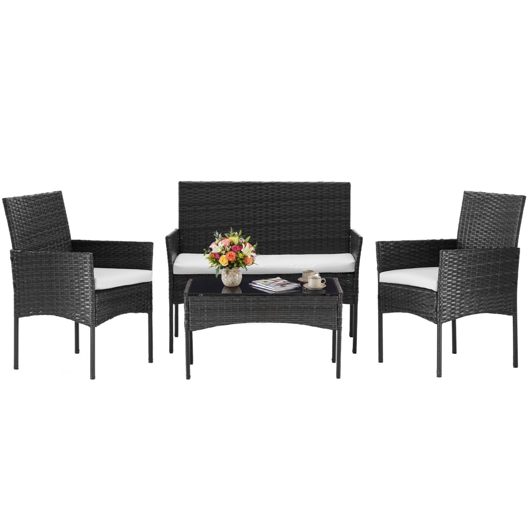 Four-piece Garden Furniture Set, Equipped With Detachable Cushions And Tempered Glass Coffee Table