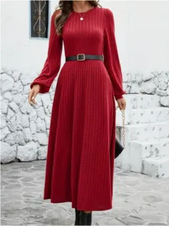 Elegant Maroon Ribbed Midi Dress For Women With Lantern Sleeves - Red - View 1