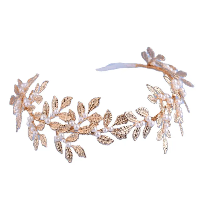 Alloy Leaf Pearl Gold Hair Accessories White Organza Ribbon - Shop at LoveMi