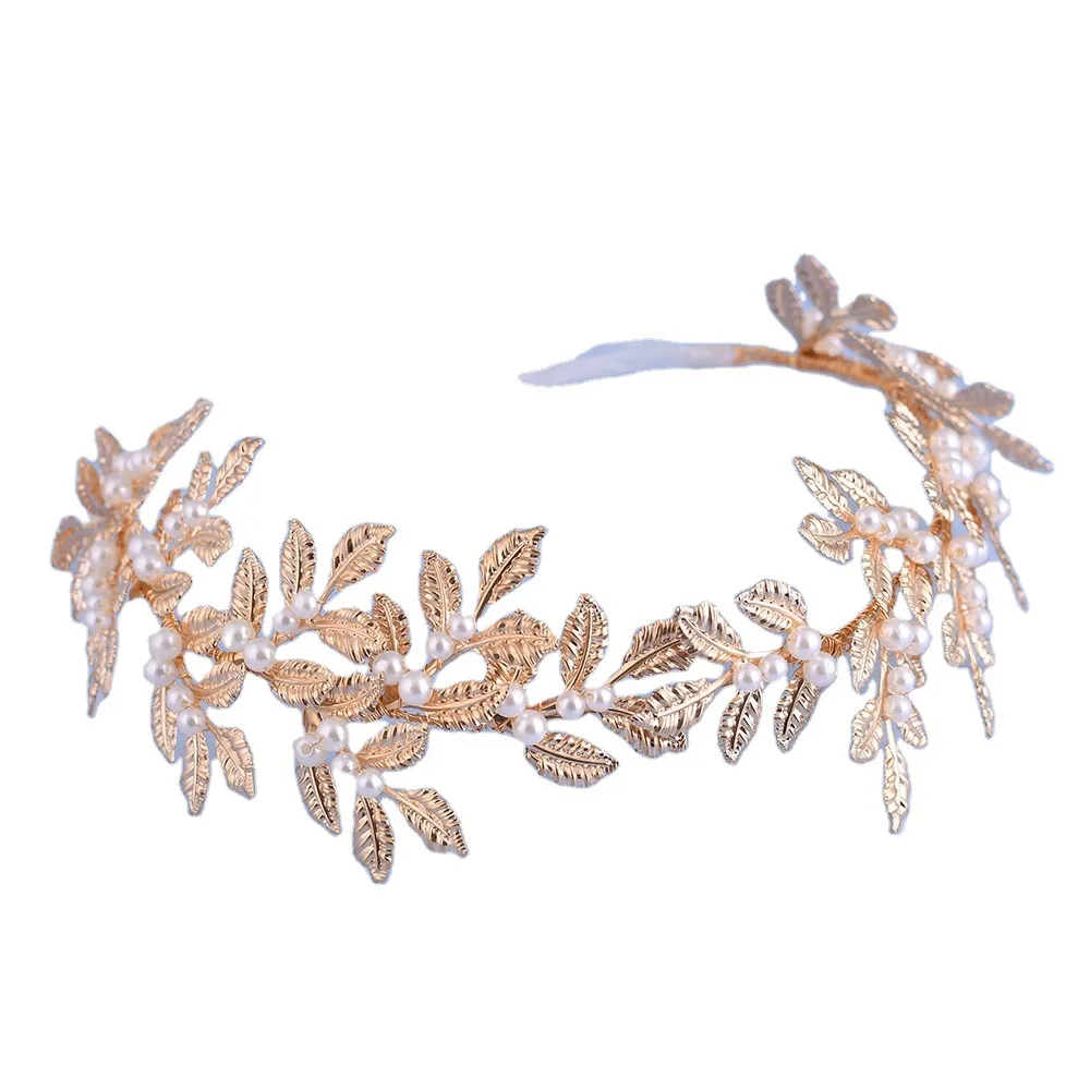 Alloy Leaf Pearl Gold Hair Accessories - White Organza Ribbon