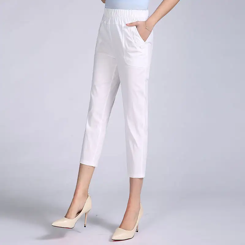 Thin Cotton Cropped Summer Elastic Waist Women's Pants