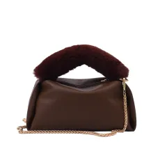 Fashion Solid Color One-shoulder Chain Plush Handbag - Khaki - View 1