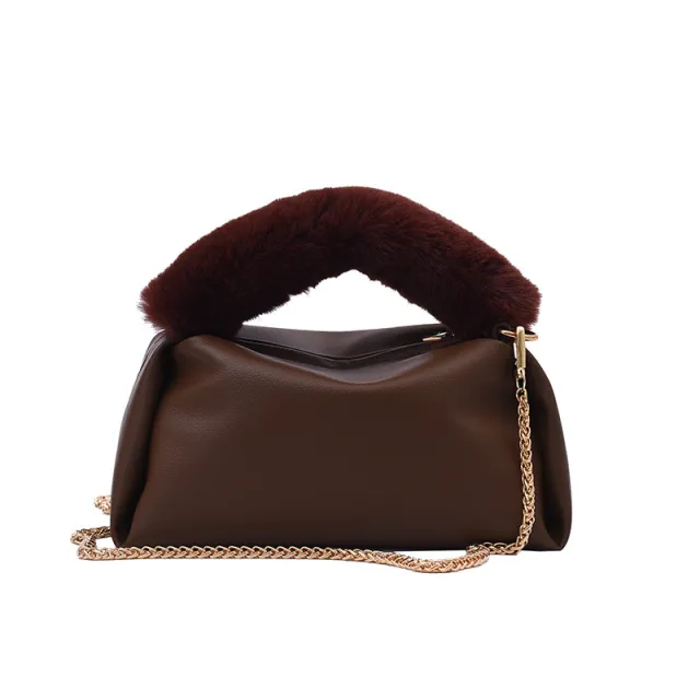 Fashion Solid Color One shoulder Chain Plush Handbag Khaki - Shop at LoveMi