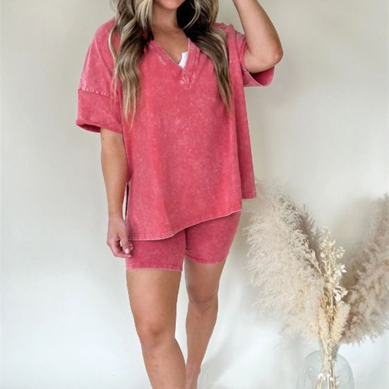 Women's V-Neck Denim-like Short-sleeved T-shirt Casual Shorts Suit