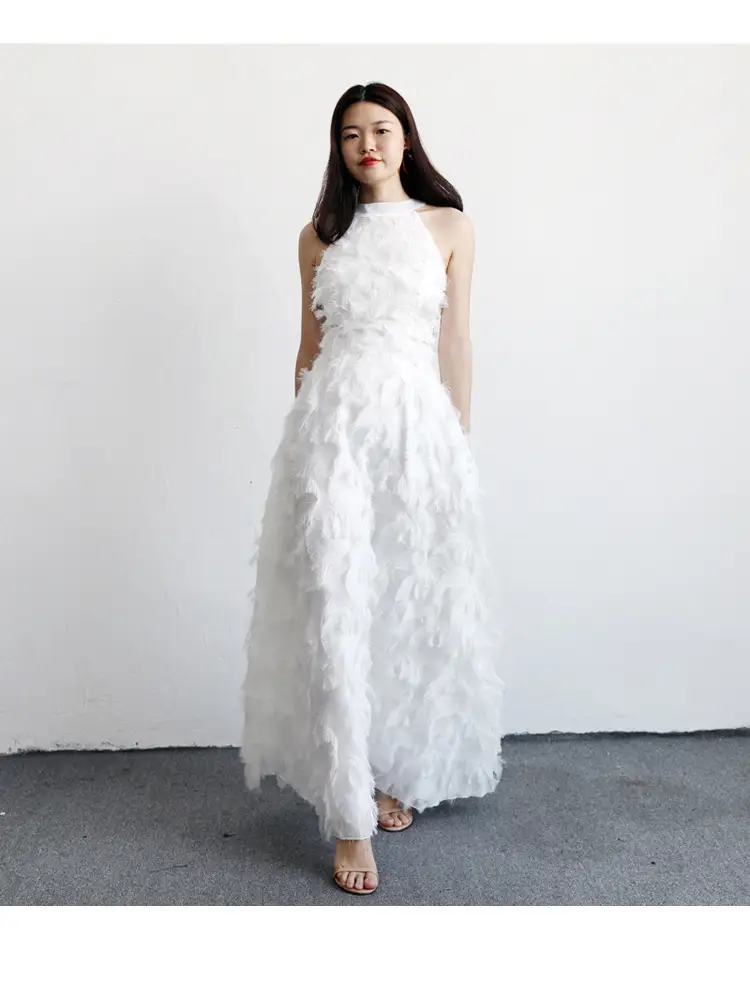 Fringed Feather Halterneck Off-the-shoulder Fashion Evening Dress