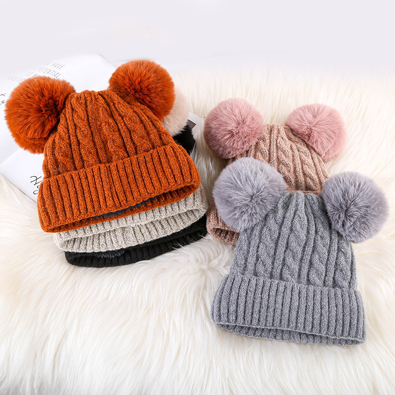 Ladies Fleece Double Fur Ball Personalized Warm Hat