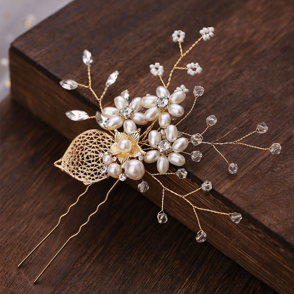 Gold Leaf Diamond Pearl U-Shaped Hairpin Pin