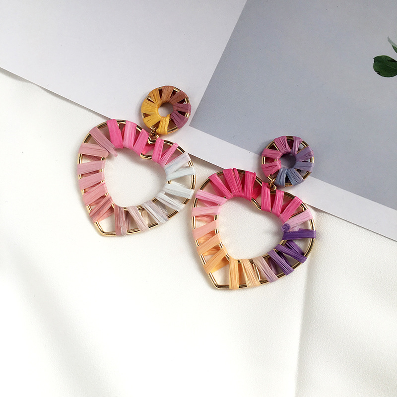 New Colorful Raffia Geometric Earrings Creative Bomisian
