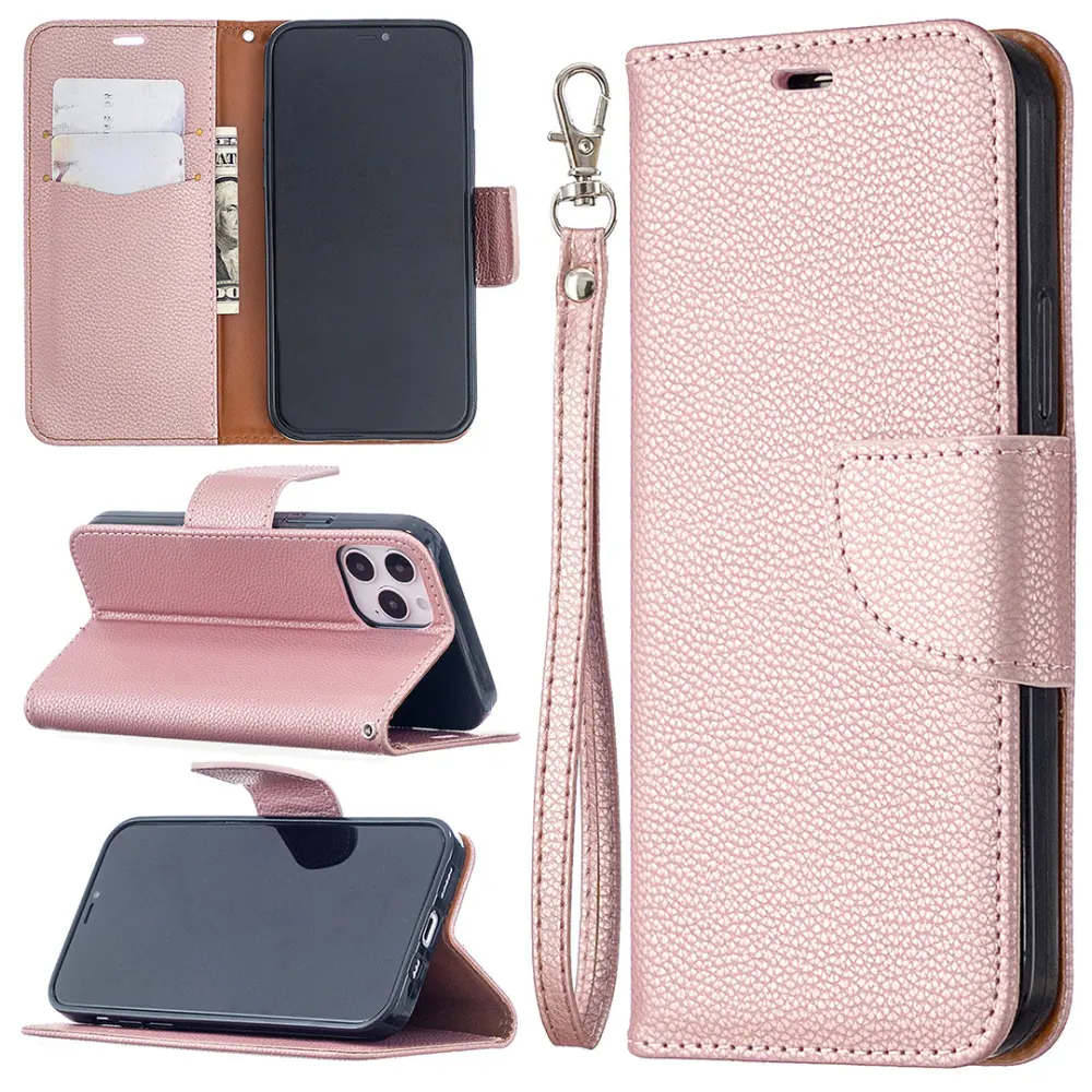 Lychee Pattern Solid Color Flip Leather Case Wallet Lanyard